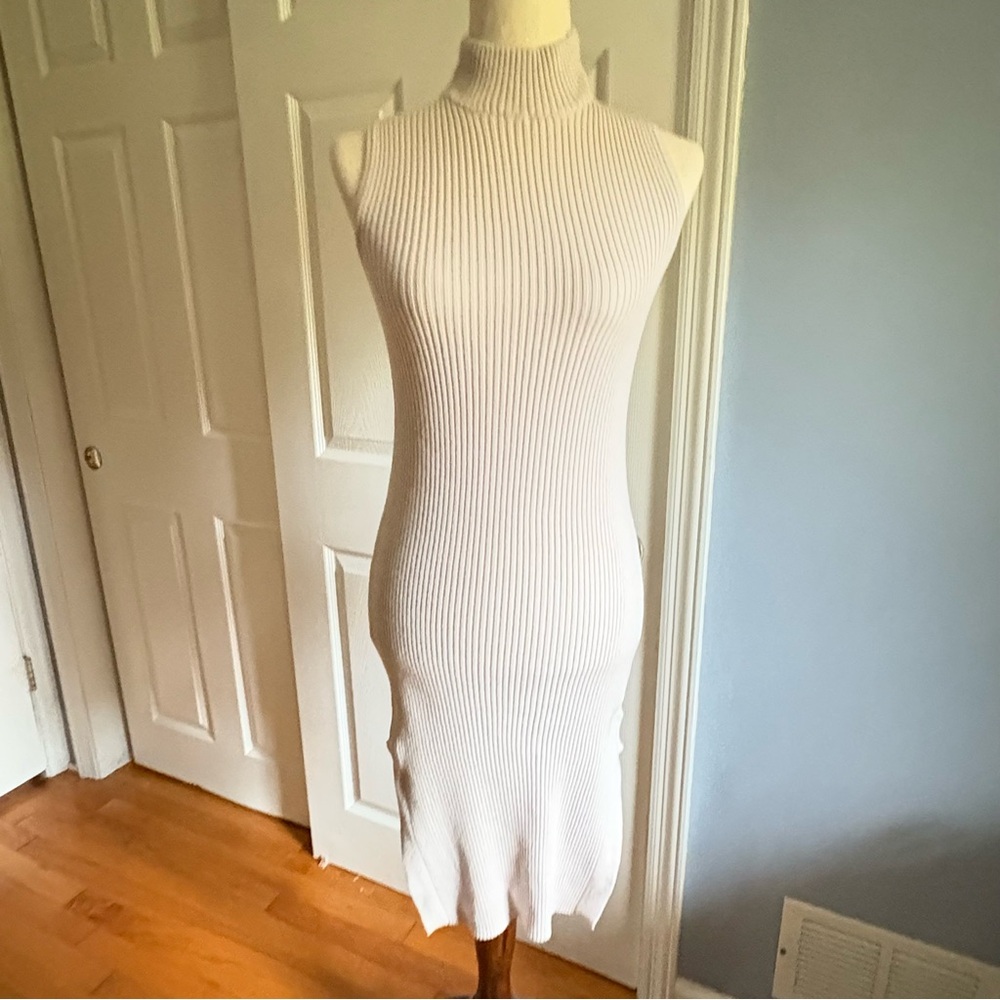 Magaschoni Women’s Ribbed Midi Dress Cream Beige XS Small Viscose Blend Knit